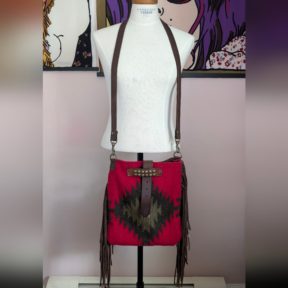 Stylish Red and Brown Crossbody Bag with Fringe